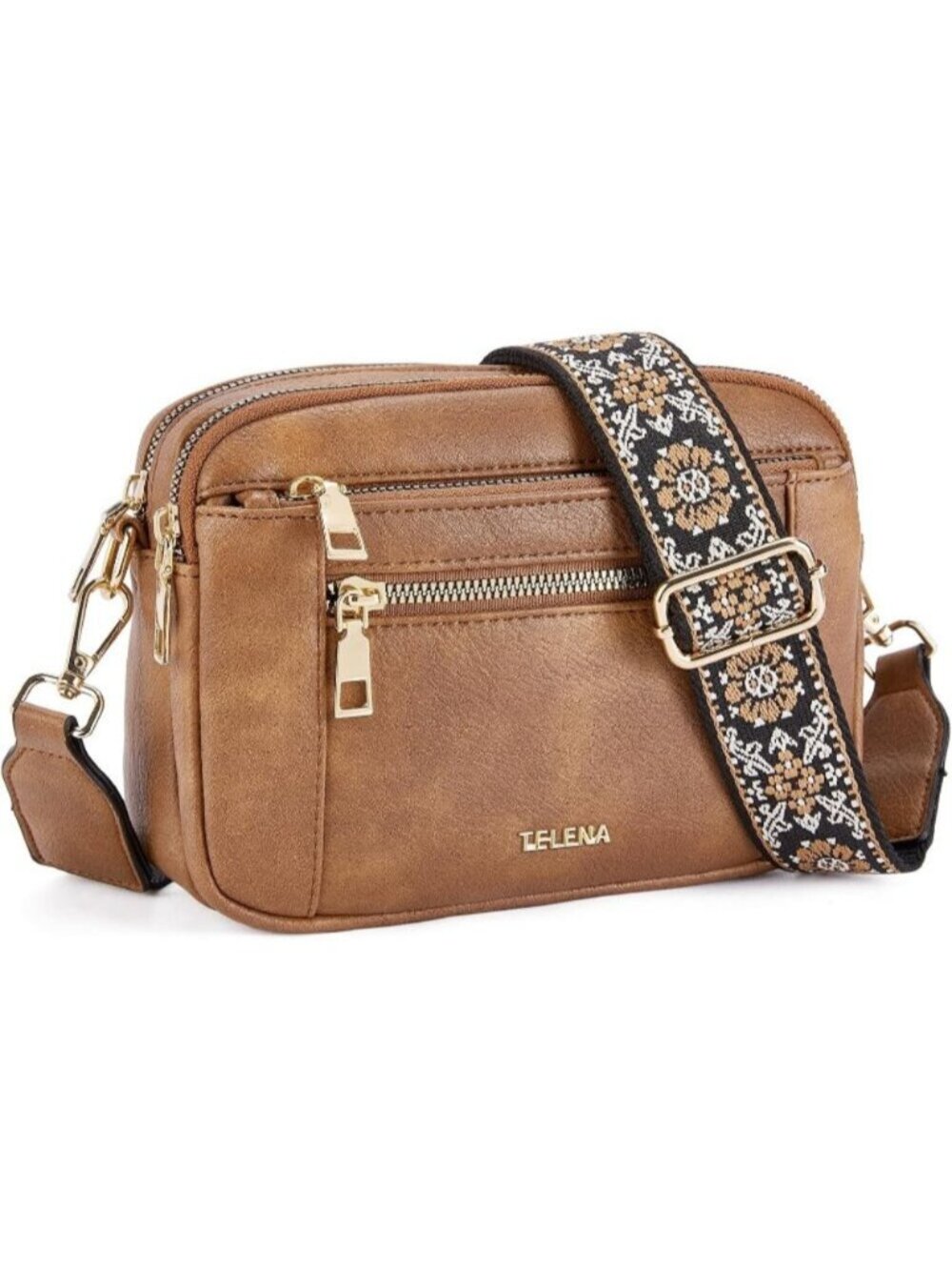 〽️Women's Camel Brown Adjustable Wide Striped Vegan Leather Purse Crossbody Bags
